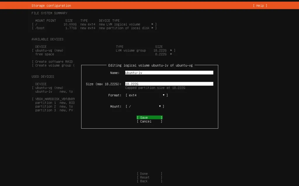 Установка Ubuntu Server 26 - Шаг 9 - Выделение места под кодень /