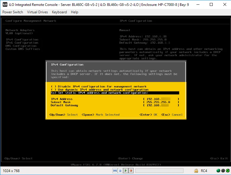 Настройка статического IP через консоль ESXi