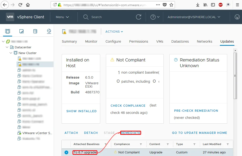 Запускаем обновление ESXi хоста до версии 6.7