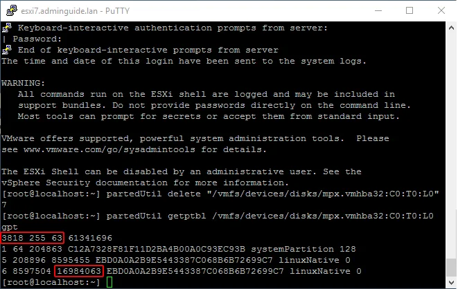 ESXi 7. USB флешка как datastore рядом с гипервизором - partedUtil getptbl
