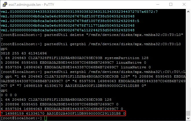 ESXi 7. USB флешка как datastore рядом с гипервизором - partedUtil setptbl - результат