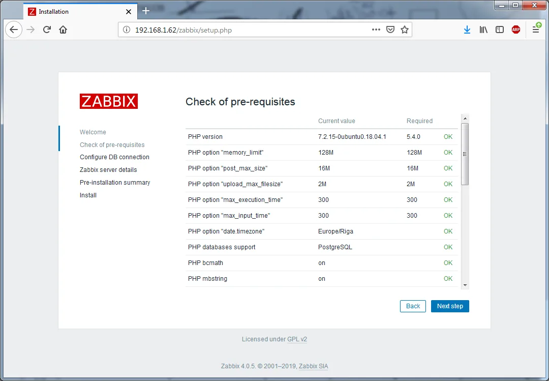 Установка Zappix 4.0 - Check of pre-requisites
