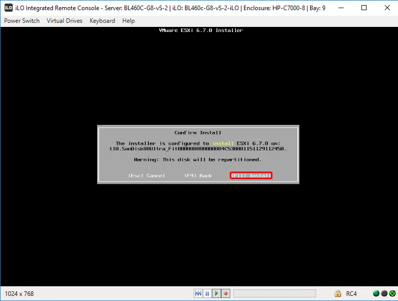 Подтверждение установки ESXi