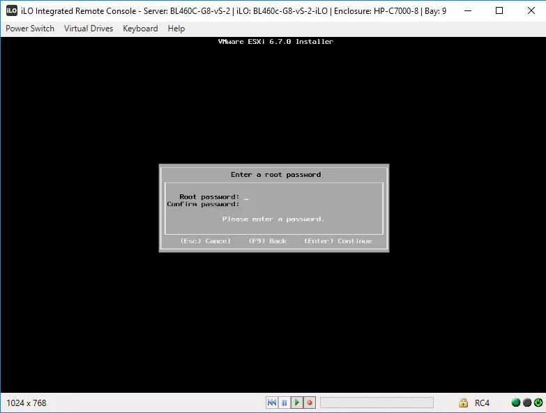 Установка пароля ESXi в момент инсталяции