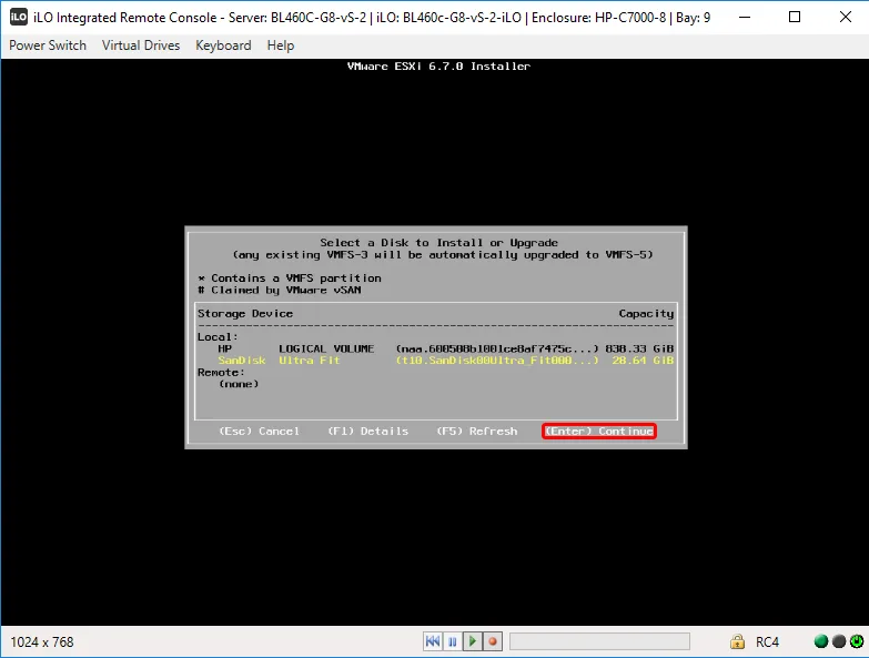 ESXi выбор устройства для установки гипервизора
